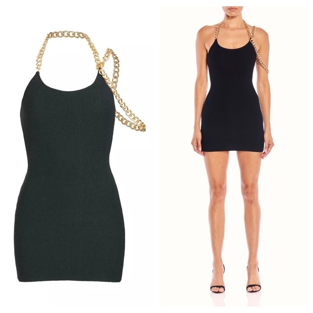 THE SEI / KNIT CHAIN embellished mini Bodycon DRESS in navy blue beetle large L